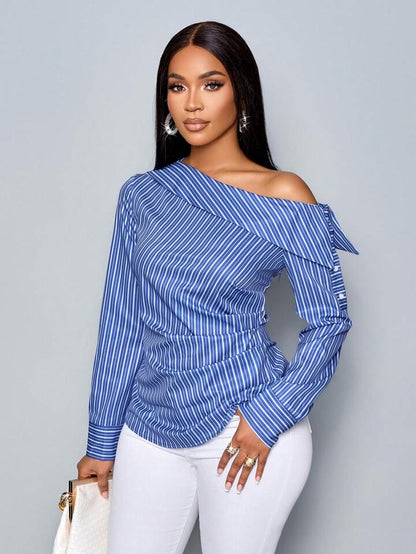 Asymmetrical neck long sleeve blouse in blue