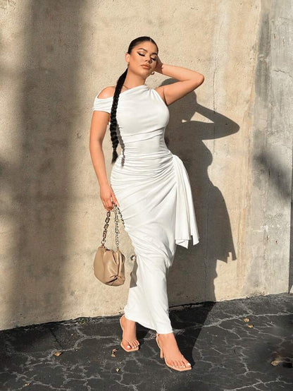 Asymmetrical neck side ruched bodycon dress in white