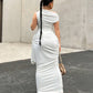 Asymmetrical neck side ruched bodycon dress in white