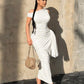 Asymmetrical neck side ruched bodycon dress in white