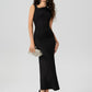 Asymmetrical neck solid ruched maxi dress in black