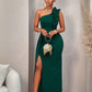 Asymmetrical shoulder ruffle trim maxi in green