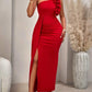 Asymmetrical shoulder ruffle trim maxi in red