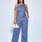 Asymmetrical shoulder twist hem blouse & wide leg pants in blue