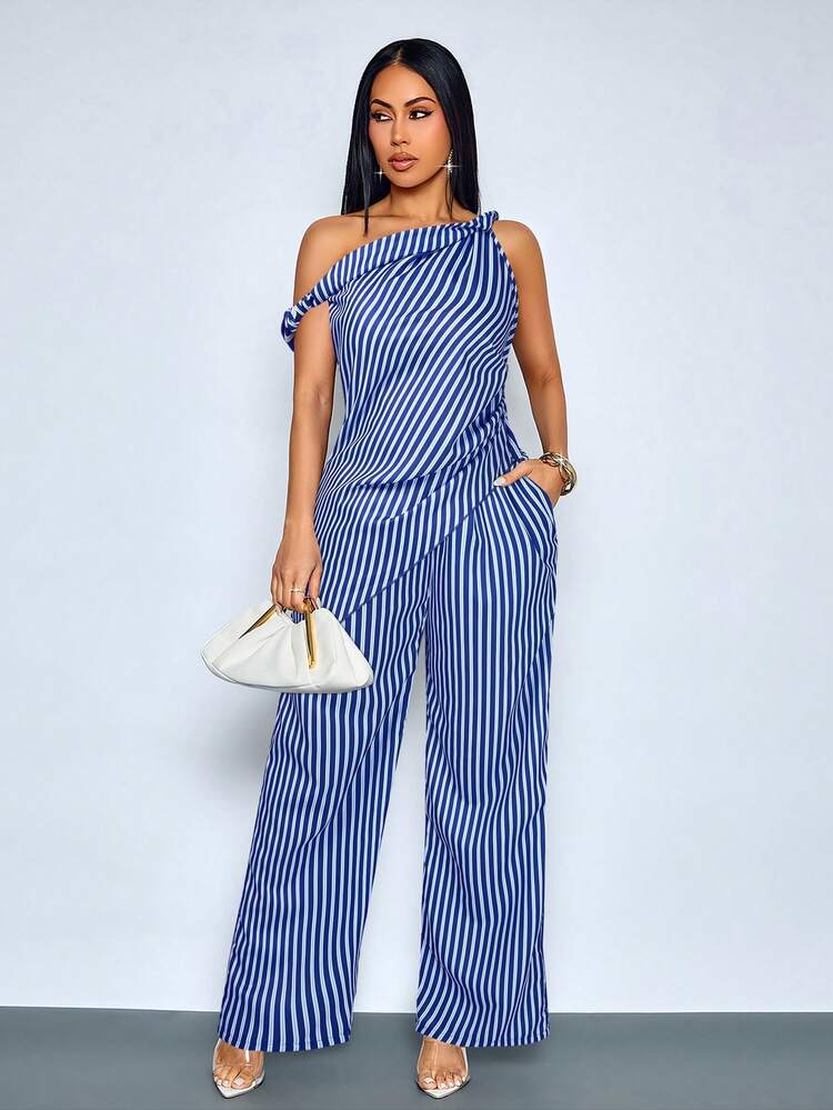 Asymmetrical shoulder twist hem blouse & wide leg pants in blue