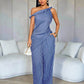 Asymmetrical shoulder twist hem blouse & wide leg pants in blue