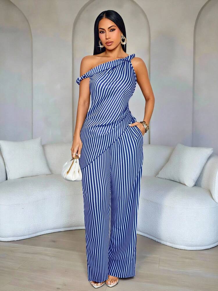 Asymmetrical shoulder twist hem blouse & wide leg pants in blue