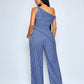 Asymmetrical shoulder twist hem blouse & wide leg pants in blue