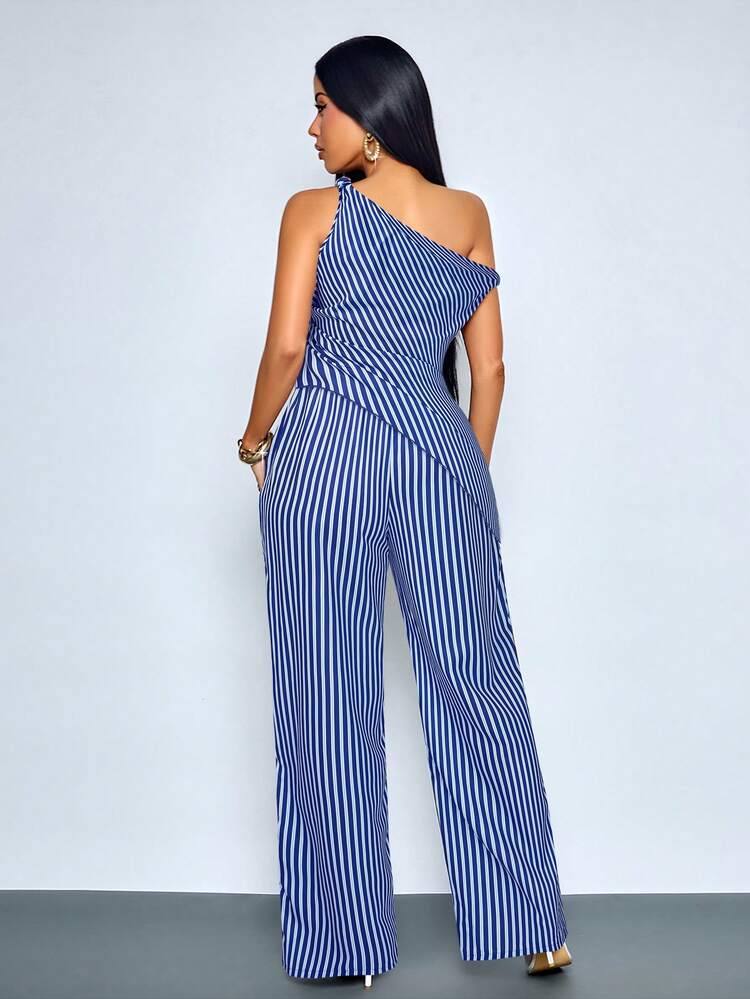 Asymmetrical shoulder twist hem blouse & wide leg pants in blue