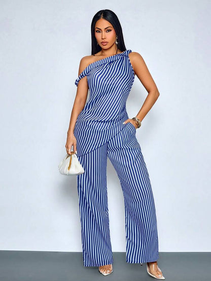 Asymmetrical shoulder twist hem blouse & wide leg pants in blue