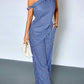 Asymmetrical shoulder twist hem blouse & wide leg pants in blue