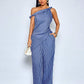 Asymmetrical shoulder twist hem blouse & wide leg pants in blue