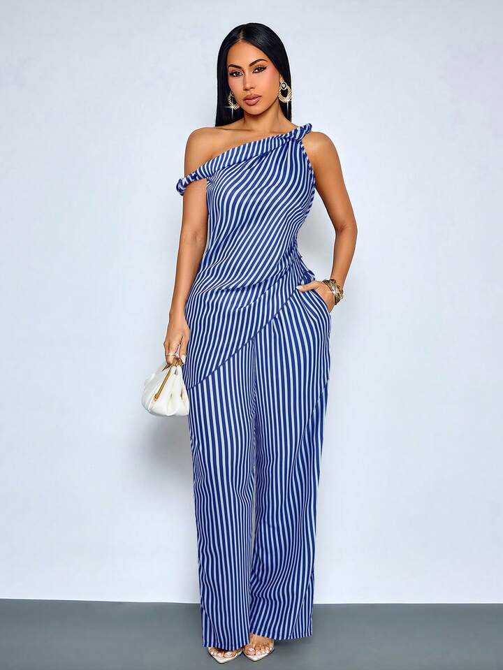 Asymmetrical shoulder twist hem blouse & wide leg pants in blue