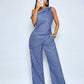 Asymmetrical shoulder twist hem blouse & wide leg pants in blue