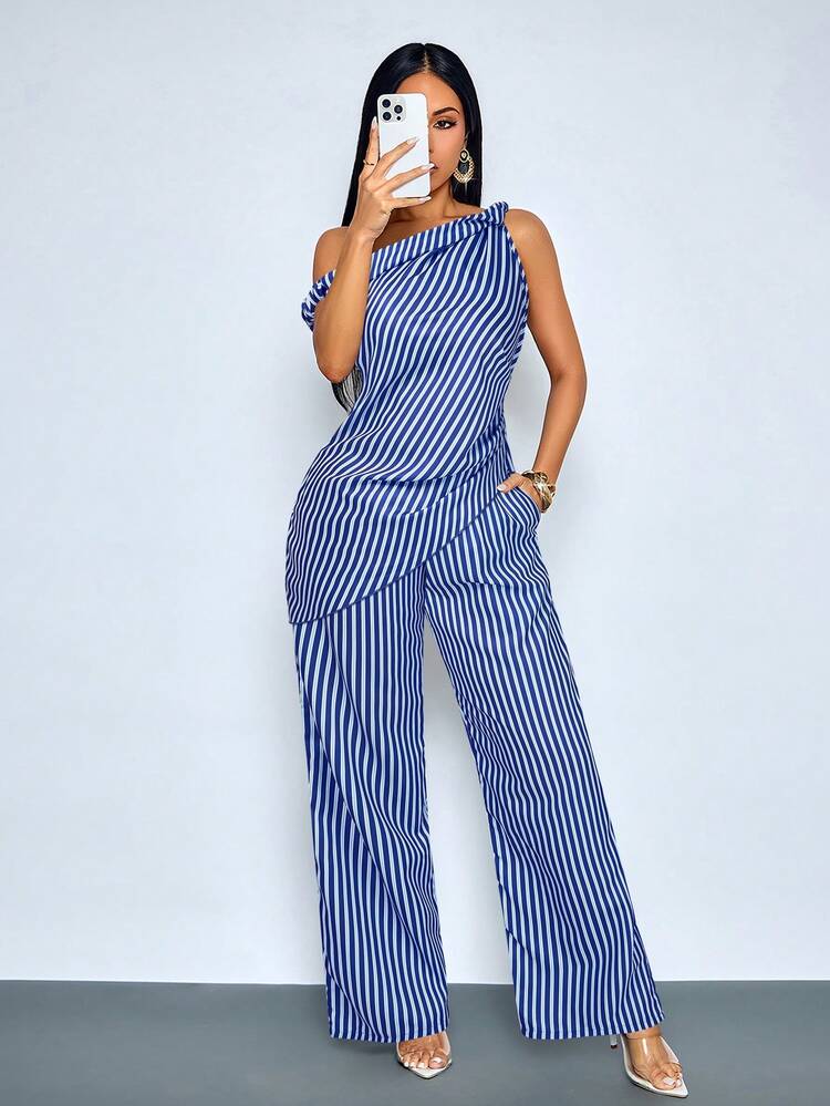 Asymmetrical shoulder twist hem blouse & wide leg pants in blue