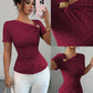 Asymmetric neckline gold button decor top in wine