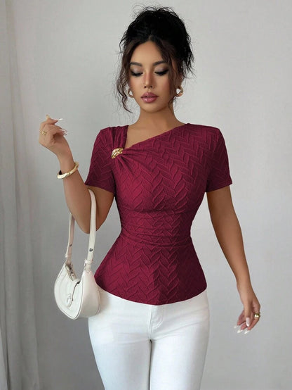 Asymmetric neckline gold button decor top in wine