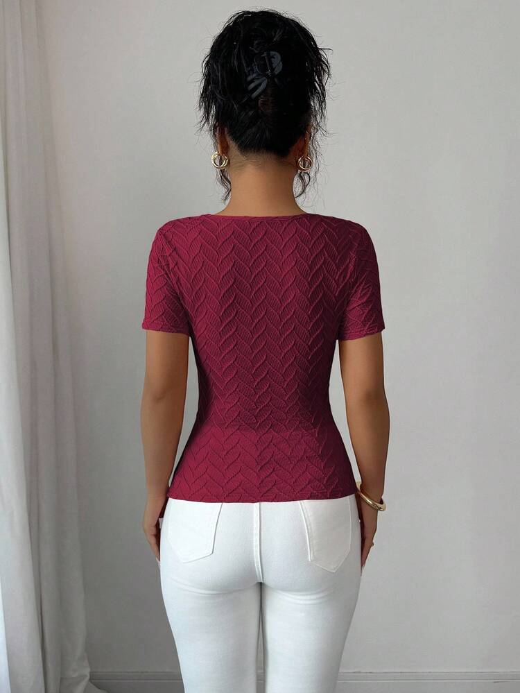 Asymmetric neckline gold button decor top in wine