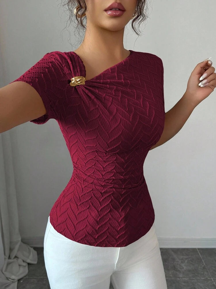 Asymmetric neckline gold button decor top in wine