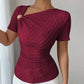 Asymmetric neckline gold button decor top in wine