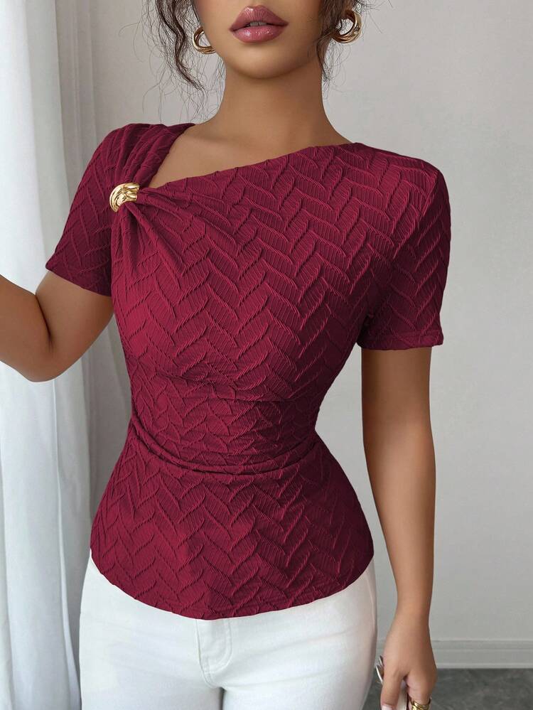 Asymmetric neckline gold button decor top in wine