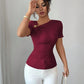 Asymmetric neckline gold button decor top in wine