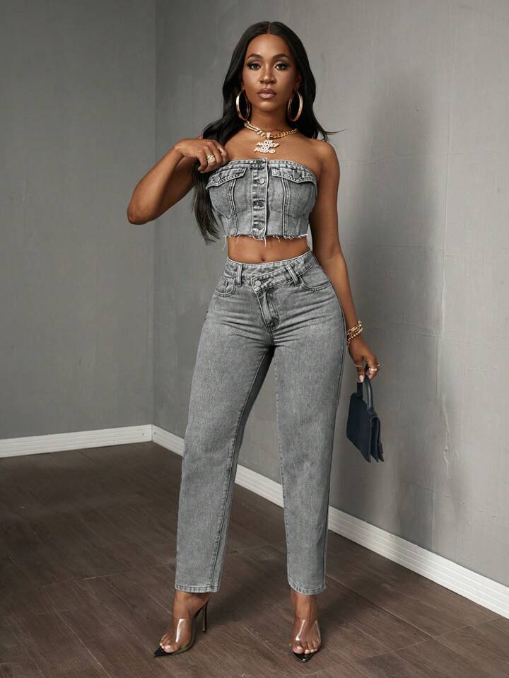 Asymmetric waist pocket tapered jeans in grey