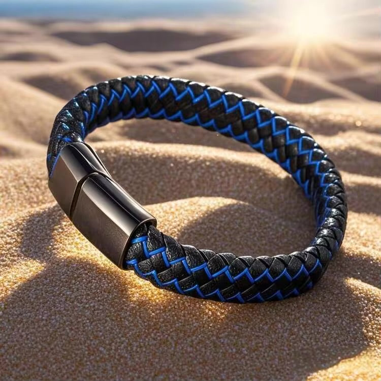 Titanium steel braided leather wristband
