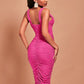 Deep V neck Ruched Sheer Bodycon dress in Pink