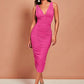 Deep V neck Ruched Sheer Bodycon dress in Pink