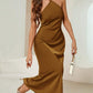 Backless halter neck tie strap dress in brown