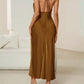 Backless halter neck tie strap dress in brown