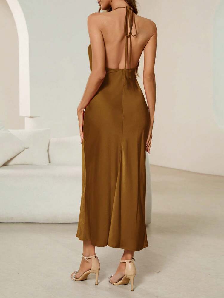 Backless halter neck tie strap dress in brown