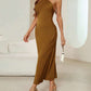 Backless halter neck tie strap dress in brown