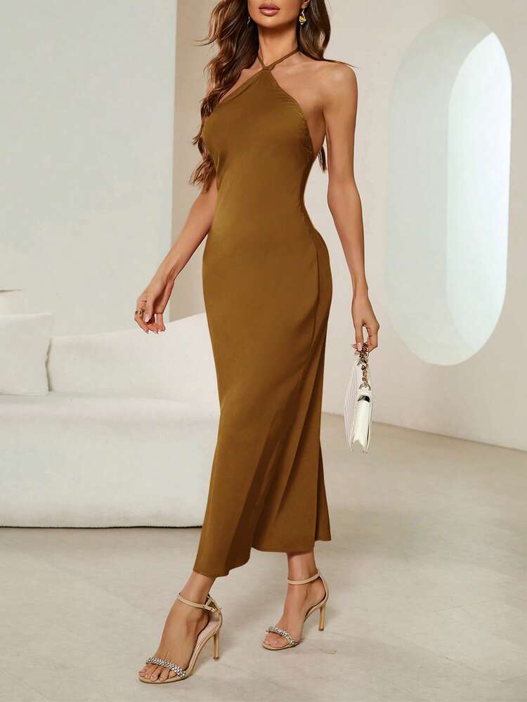 Backless halter neck tie strap dress in brown