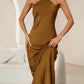 Backless halter neck tie strap dress in brown