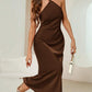 Backless halter neck tie strap dress in coffee