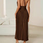 Backless halter neck tie strap dress in coffee