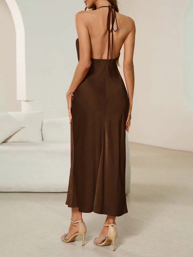 Backless halter neck tie strap dress in coffee