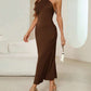Backless halter neck tie strap dress in coffee