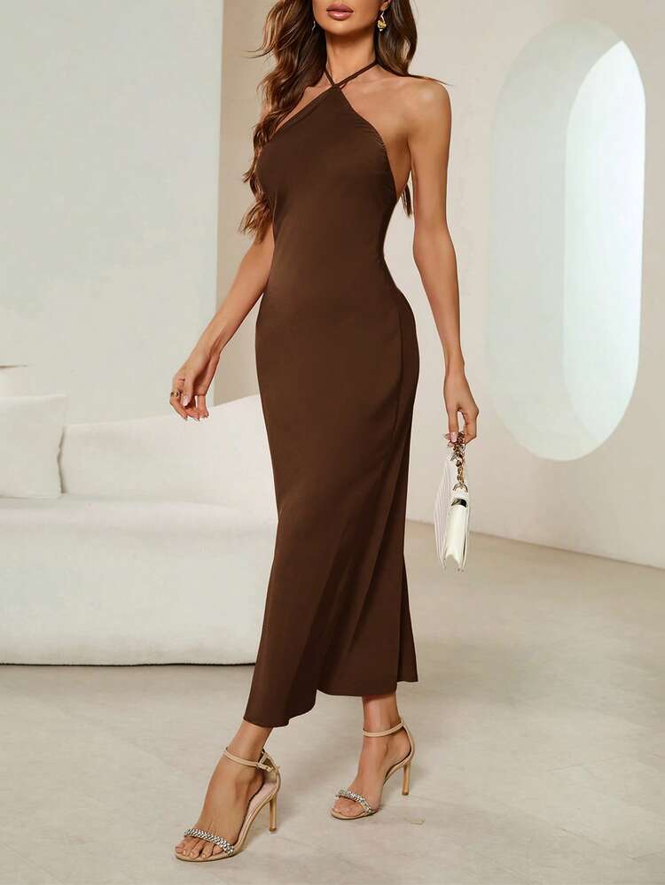 Backless halter neck tie strap dress in coffee