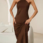 Backless halter neck tie strap dress in coffee