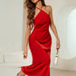 Backless halter neck tie strap dress in red