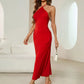Backless halter neck tie strap dress in red
