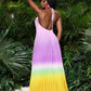 Backless open- back wide hem gradient color pleated maxi dress in multi