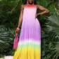 Backless open- back wide hem gradient color pleated maxi dress in multi