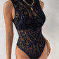 Baroque print mock neck bodysuit in black