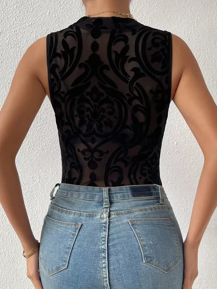 Baroque print mock neck bodysuit in black