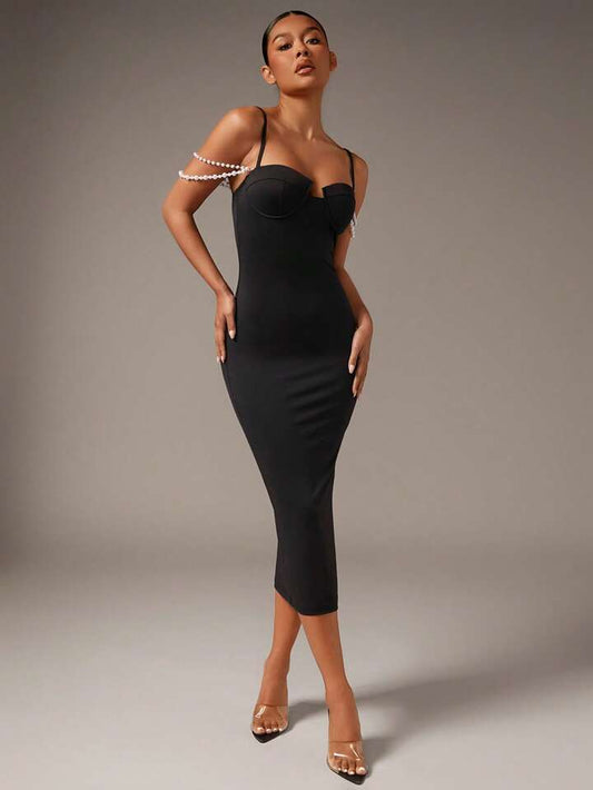 Beaded pearls cami bodycon dress in black