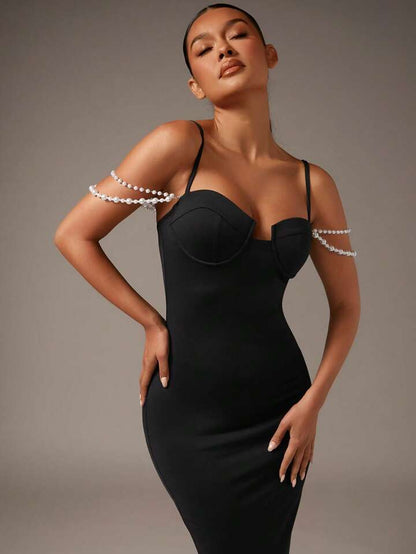 Beaded pearls cami bodycon dress in black